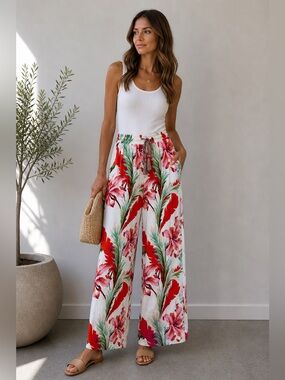 FOR CYNTHIA White Tropical Floral Wide-Leg Pants Red Green Print NWT M